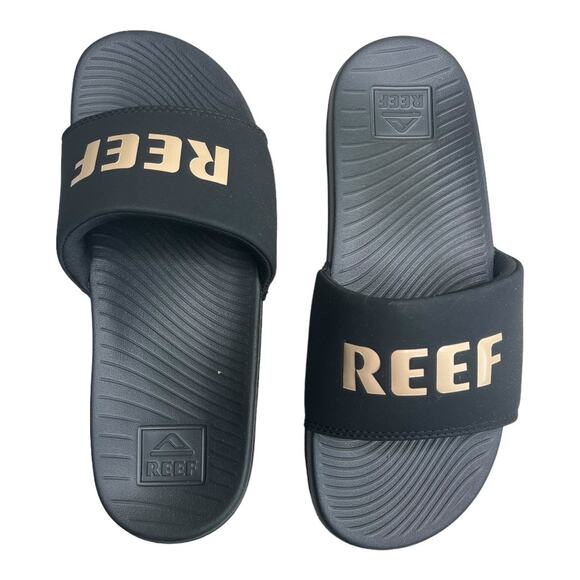 Reef One Slide black beige logo padded vamp Women's 7 like new - Picture 1 of 3